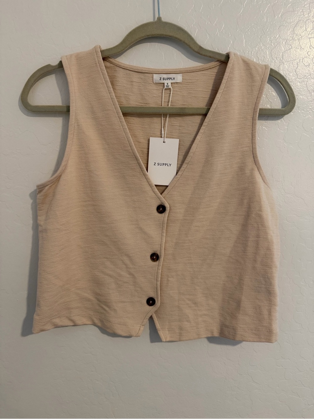 Z Supply Beige Ribbed V-Neck Button Tank